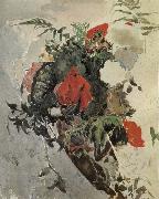 Mikhail Vrubel Red Flowers and Begonia Leaves in a basket France oil painting artist
